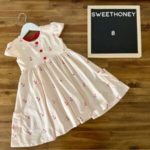 SweetHoney Nautical Pink Red Anchor Dress 8 Short Sleeve Knit Twirl Bow Dot